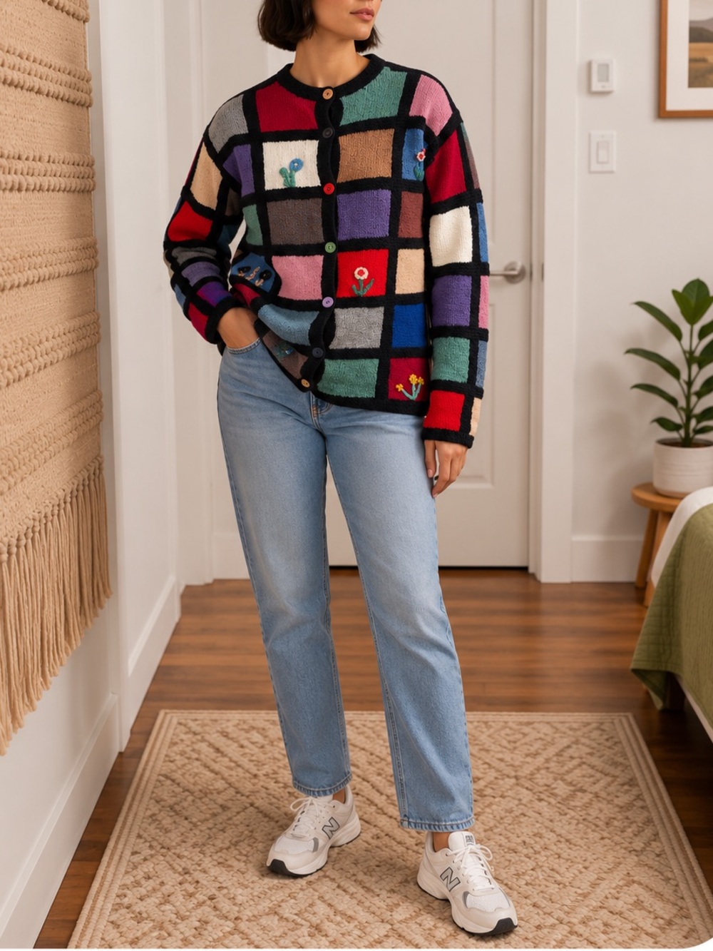 Vintage Handmade Colorful Patchwork Knit Cardigan Size Medium